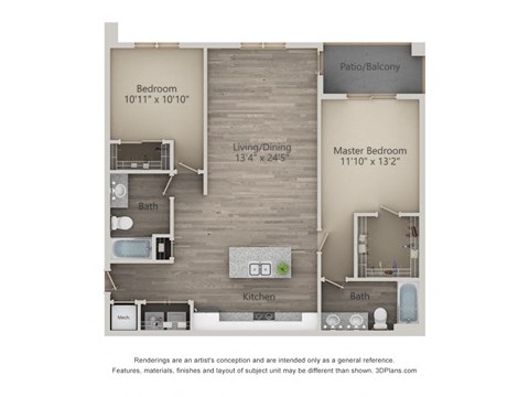 A 3D floor plan of a house showing a living room, kitchen, two bedrooms, and a bathroom.